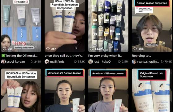 TikTokers reviewed U.S. and Korean susncreen formulas of brands that released U.S.-only versions approved by the U.S. Food and Drug Administration as an over-the-counter-drug. [SCREEN CAPTURE]