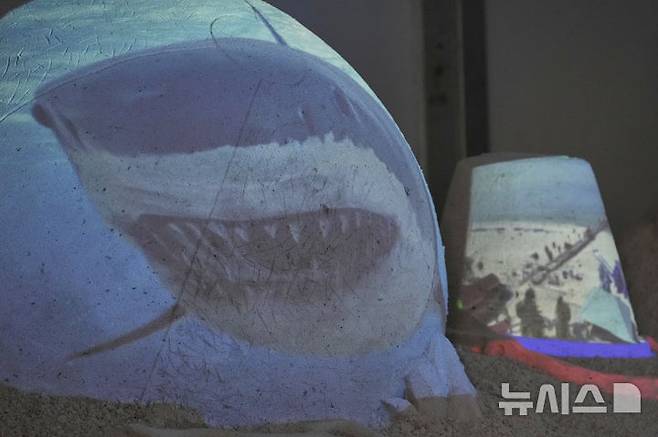 [ 클리어워터 비치( 미 플로리다주)=AP/뉴시스]플로리다 해안에서 올해 4월 7일 열린 "슈가 샌드 축제"에 출품된 상어공격을 표현한 모래 조각의 영상 기록.  앨라배마주에서는 지난 해 상어공격으로 손과 다리를 잃은 소녀가 상어경보 시스템의 입법을 요청해 주의회가 이를 통과시켰다. 2025. 04. 10.