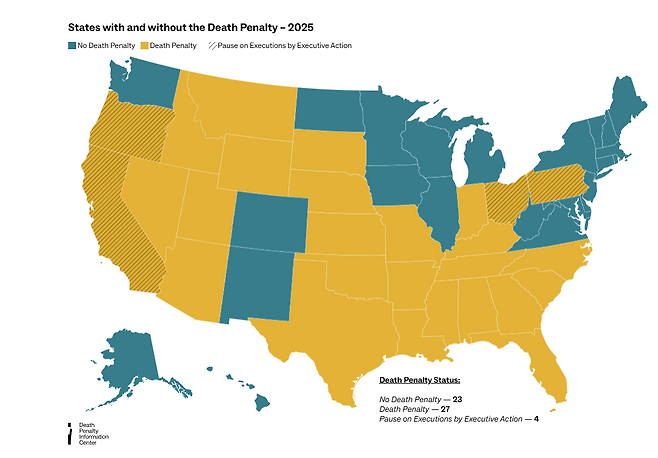 2025년 기준 미국 주별 사형 제도 여부를 나타낸 표. 27개 주에 사형 제도가 있는 것으로 나타난다. (출처 : 미국 사형정보센터)