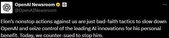 오픈AI는 9일 일론 머스크를 상대로 맞소송을 제기했다고 밝혔다