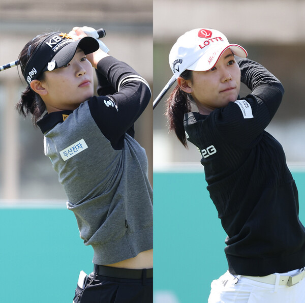 2025년 한국여자프로골프(KLPGA) 투어 iM금융오픈 골프대회에 출전한 장타자 방신실, 황유민 프로가 2라운드에서 경기하는 모습이다. 사진제공=KLPGA