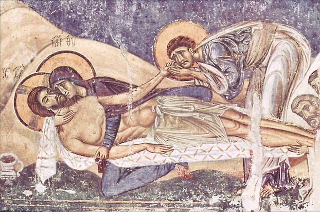 돌아가신 그리스도에 대한 애통, 프레스코, 1164년, 성 판텔레이몬 교회, 마케도니아 북부 고르노 네레찌.