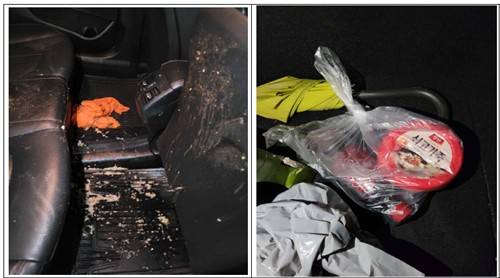 택시 뒷좌석에 가짜 토를 뿌려 놨다. 사진제공=종암경찰서