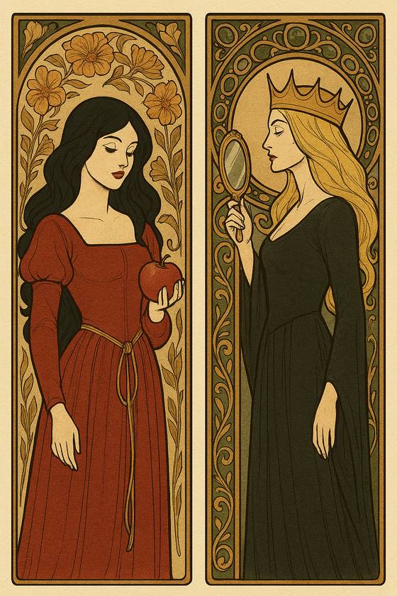 챗GPT-4o가 그린 '백설공주' 일러스트레이션. 프롬프트는 ″백설공주와 새 왕비를 아르누보 화풍으로 그려봐. 백설공주는 검은 머리에 붉은 중세 드레스를 입고 사과를 들고 있는 모습으로, 새 왕비는 금발 머리에 검은 드레스를 입고 거울을 들고 있는 모습으로 그려줘. 뒷배경은 백설공주는 꽃, 왕비는 보석으로 그려줘″이다.  문소영 기자