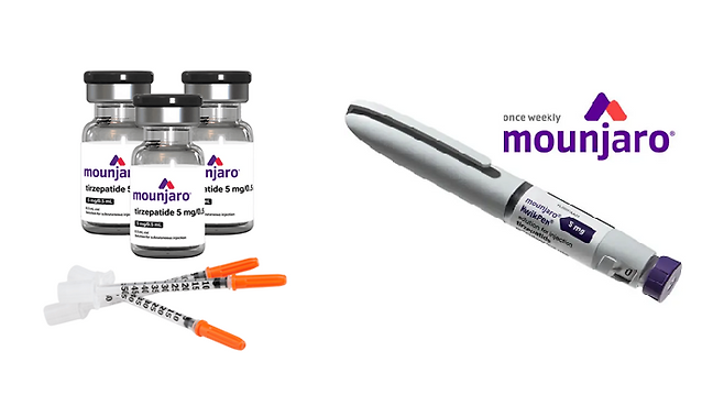 일라이릴리의 주 1회 주사형 비만치료제 '젭바운드(국내 제품명 마운자로)'의 바이알(왼쪽) 제품과 프리필드시린지(오른쪽) 제품. /이미지=일라이릴리 홈페이지 및 미국 젭바운드 온라인 판매처