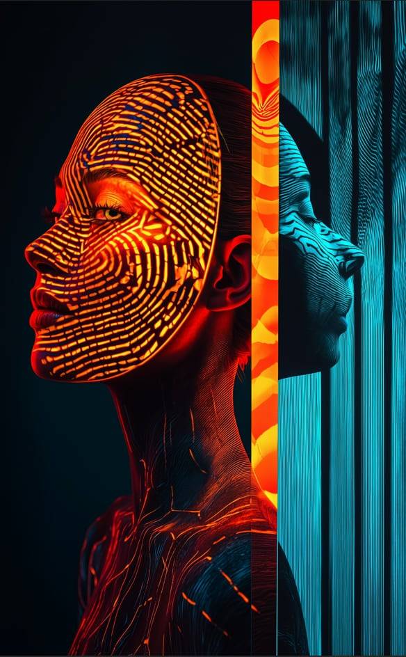 이병호 작가의 AI - POST HUMAN IDENTITY 2024 연작. 지문처럼 빛이 반사된 얼굴 뒤에 또다른 얼굴이 숨어 있다.