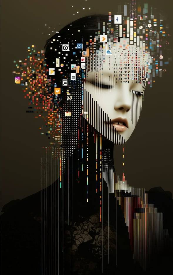 이병호 작가의 AI - POST HUMAN IDENTITY 2024 연작. 여성의 머리와 귀에 인터넷과 소셜미디어의 기호들이 장식처럼 늘어져 있다.