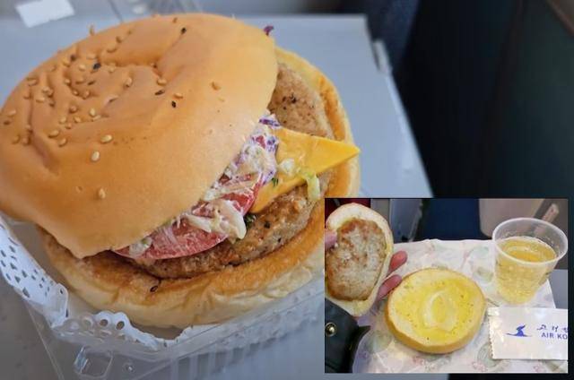 지난해 말 러시아 유튜버 '빅터'가 게시한 고려항공 햄버거 기내식. 오른쪽 아래 사진은 10여 년 전 온라인 커뮤니티를 중심으로 확산된 고려항공의 부실한 햄버거. 유튜브 채널 PoletMe Aviation Videos 캡처