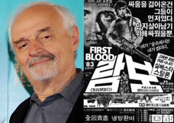 영화감독 테드 코체프(왼쪽)와 그가 감독한 1982년 영화 ‘퍼스트 블러드(First Blood)’의 광고. 사진 EPA=연합뉴스, 네이버 뉴스라이브러리 캡처
