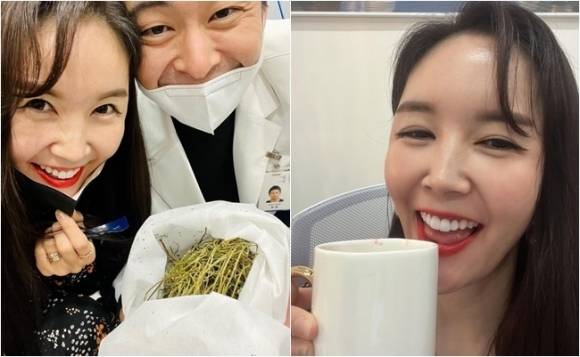 장영란이 남편 한창씨간 만들어준 돌외잎차를 마시고 있다. 장영란 인스타그램