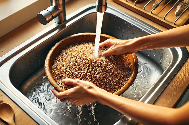 현미 씻는 모습