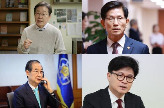 이재명 전 더불어민주당 대표, 김문수 전 고용노동부 장관, 한동훈 전 국민의힘 대표, 한덕수 대통령 권한대행. (왼쪽 윗줄부터 시계방향) 연합뉴스