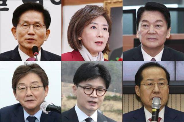 김문수(왼쪽 위 사진부터 시계방향으로) 전 고용노동부 장관, 국민의힘 나경원 의원, 안철수 의원, 홍준표 전 대구시장, 한동훈 전 대표 유승민 전 의원. 연합뉴스 뉴스1