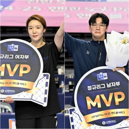 2024~25 핸드볼 H리그 정규리그 MVP에 선정된 여자부 박새영(왼쪽)과 남자부 박광순. KOHA 제공