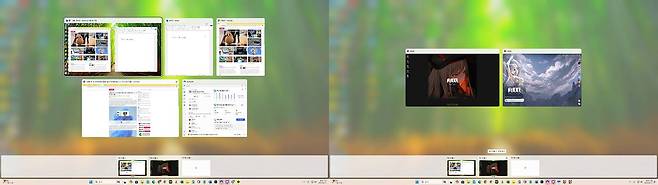 윈도 가상 데스크톱을 구성한 모습. 데스크톱 1번(좌)에 브라우저와 문서 소프트웨어를, 데스크톱 2번에(우)에는 게임을 실행하는 식으로 활용 가능합니다 / 출처=IT동아