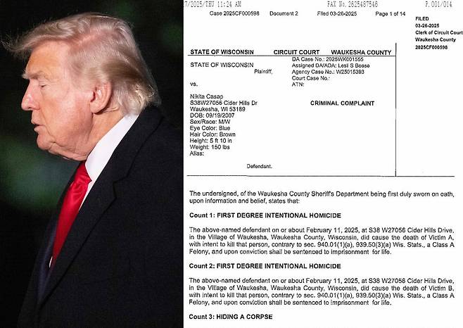 모친과 계부를 살해한 혐의로 기소된 17세 소년 니키타 카삽의 혐의를 적시한 현지 법원 제출 공소장. 왼쪽 사진은 도널드 트럼프 미국 대통령. 사진 워키쇼 카운티 수사당국 서류 캡처, AFP=연합뉴스