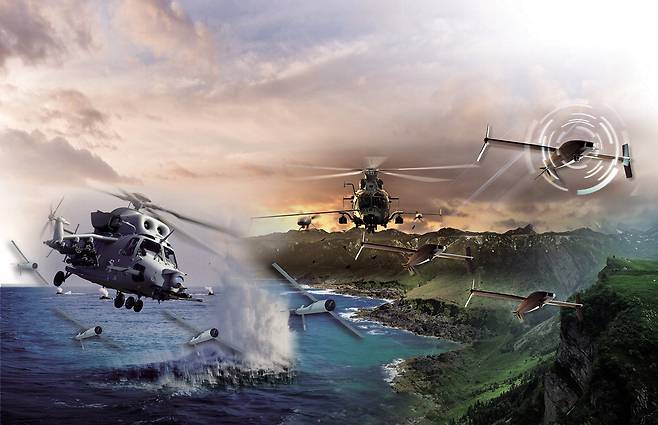 KAI가 개발한 수리온 헬기가 유무인 복합 편대를 이뤄 비행하는 상상도. KAI