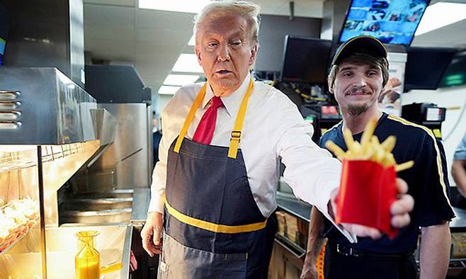 도널드 트럼프 미국 대통령이 지난 2024년 10월 대선 경선 중 펜실베이니아의 한 맥도날드 매장을 방문해 일일 직원으로 활동했던 모습. AP연합뉴스