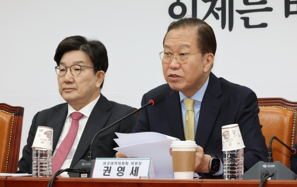 권영세 국민의힘 비상대책위원장이 14일 국회에서 열린 비상대책위원회 회의에서 발언하고 있다. 왼쪽은 권성동 원내대표. 2025.4.14