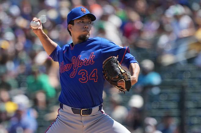 뉴욕 메츠 센가 고다이가 14일 오클랜드전에서 역투하고 있다.  Darren Yamashita-Imagn Images연합뉴스