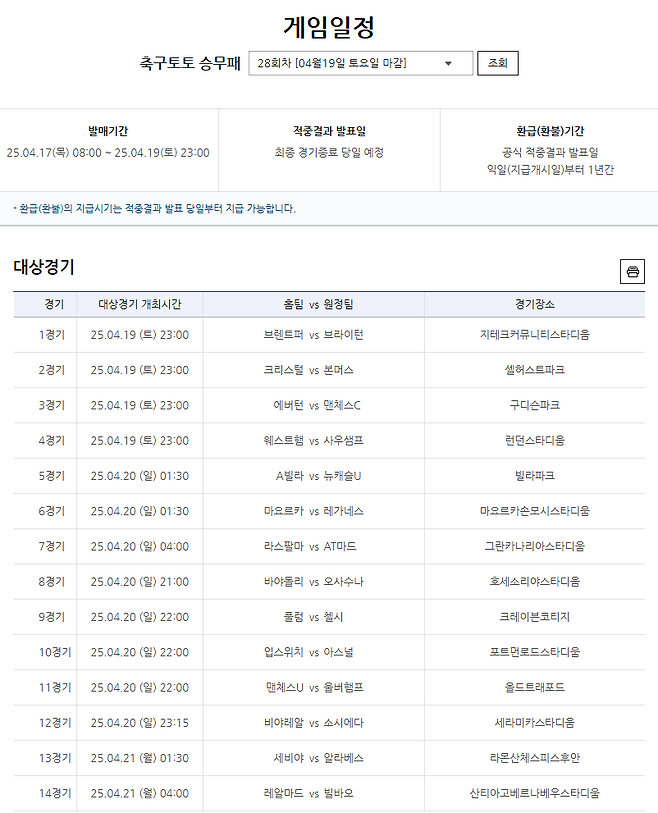 축구토토 승무패 28회차 대상경기. 스포츠토토코리아 제공