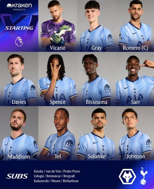 토트넘의 울버햄튼전 스트팅 라인업. /사진=토트넘 공식 SNS 갈무리