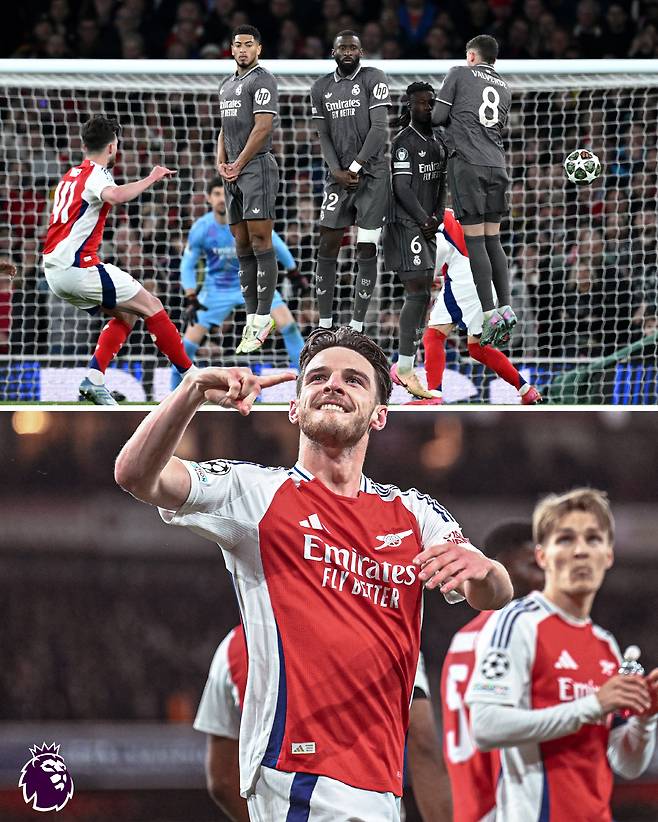 데클런 라이스가 프리킥 스페셜리스트로 떠오르고 있다. 지난 챔피언스리그 8강 1차전에서 레알 마드리드를 상대로 2번의 프리킥 골을 성공시키며 영웅이 됐다.

공교롭게도 라이스의 이러한 프리킥 능력은 레알 마드리드의 도움이 있었다. 그가 과거 레알 마드리드에서 뛰었던 데이비드 베컴의 팬이었기 때문이다.

영국 TBR풋볼은 15일(한국시각) '데클런 라이스가 과거 한 명의 레알 마드리드 스타를 열렬히 좋아했던 시절이 있었다'라고 보도했다. 사진=SNS