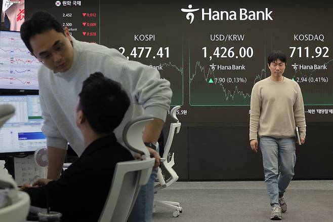 15일 오후 서울 중구 하나은행 본점 딜링룸 전광판에 증시가 표시되고 있다.  /뉴스1