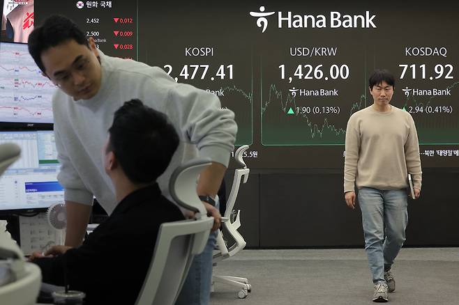 15일 오후 서울 중구 하나은행 본점 딜링룸 전광판에 증시가 표시되고 있다./뉴스1 제공