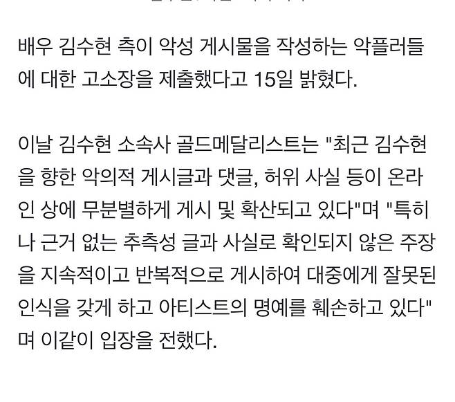 김수현, 고소장 제출 "악플러·사이버 렉카, 강경 대응"