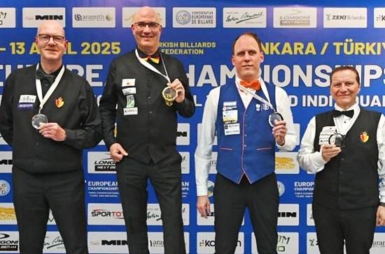 2025 유럽3쿠션챔피언십 입상자들. (왼쪽부터) 준우승 롤란드 포톰, 우승 마틴혼, 공동3위 제프리 요리센, 에디 멕스. (사진=CEB)