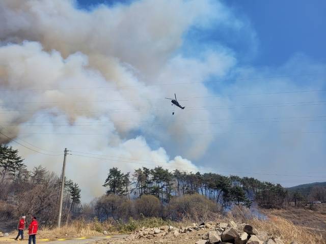 지난달 23일 울산 울주군 온양읍에서 산불이 발생,  소방당국이 진화작업을 벌이고 있다. 울산소방본부 제공