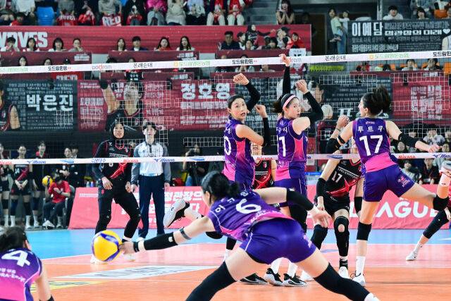 흥국생명 김연경과 김수지가 5세트 수비를 지켜보고 있다. / 한국배구연맹 (KOVO)