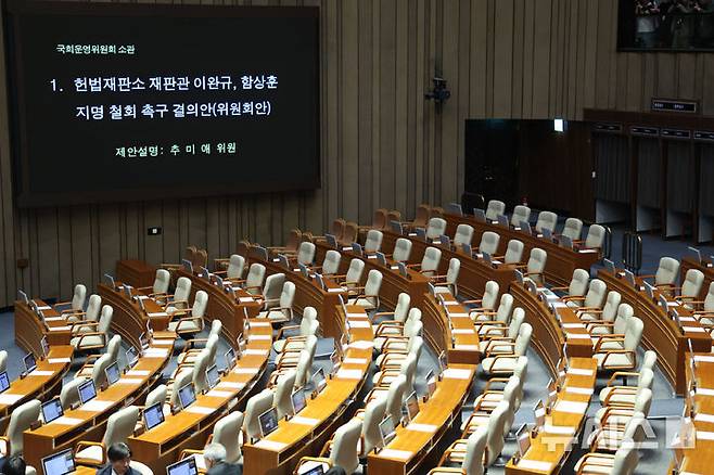 [서울=뉴시스] 권창회 기자 = 우원식 국회의장이 15일 서울 여의도 국회에서 열린 제424회 국회(임시회) 제3차 본회의에서 헌법재판소 재판관 이완규, 함상훈 지명 철회 촉구 결의안(위원회안)을 상정하고 있다. 2025.04.15. kch0523@newsis.com