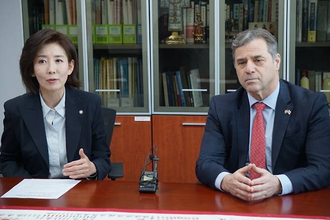 세르더헤이 이슈트반 주한헝가리대사와 면담하는 국민의힘 나경원 대선 경선 후보 / 연합뉴스