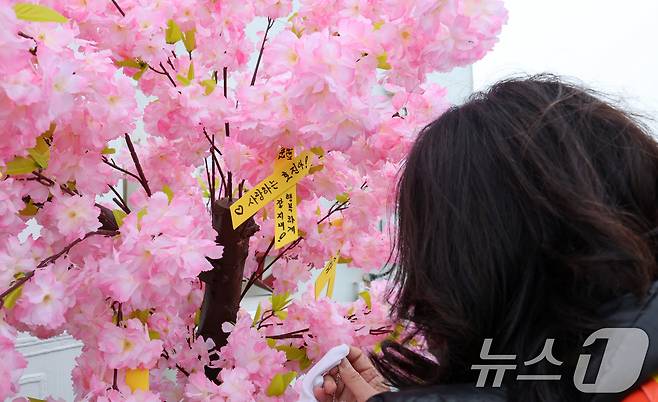 세월호 참사 11주기인 16일 오전 전남 진도군 동거차도 인근 세월호 참사 해역에서 열린 선상 추모식에서 가족들이 소원 띠를 걸고 있다. 2025.4.16/뉴스1 ⓒ News1 이수민 기자