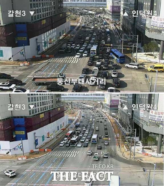 과천대로 S4앞사거리 개선 전(위)·후 모습./과천시
