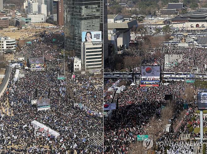 서울 시내 윤 대통령 탄핵 찬반 집회 (서울=연합뉴스) 임화영 신현우 기자 = 15일 서울 곳곳에서 윤석열 대통령 탄핵 찬반 집회가 열리고 있다. 2025.3.15 hwayoung7@yna.co.kr