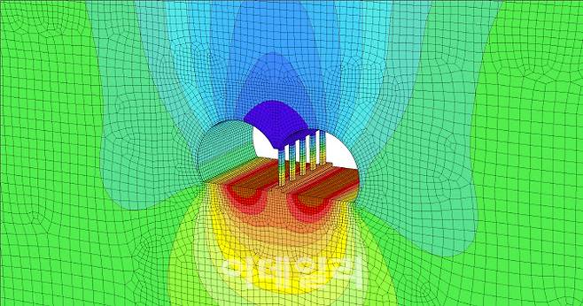 한국지하안전협회가 자체적으로 진행한 신안산선 붕괴 공사 현장 시뮬레이션. 가운데 중앙 기둥이 지반 상태와 하중을 견딜 수 있는 상태인지 측정하고 있다. (사진=한국지하안전협회)