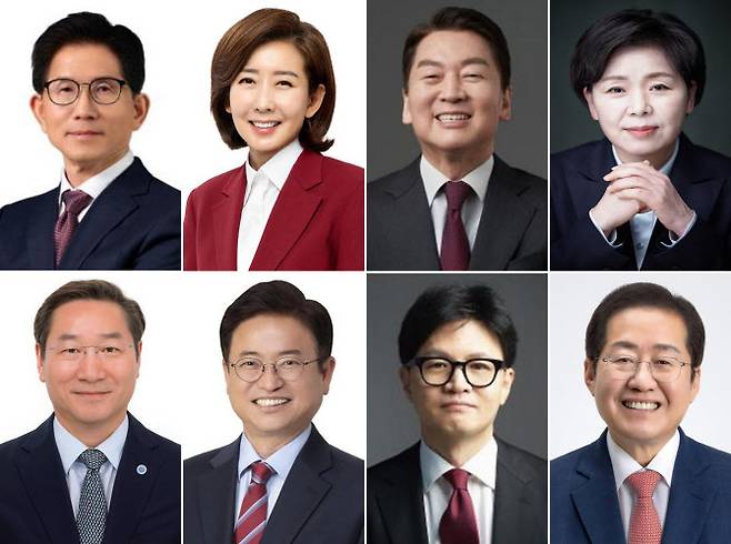 국민의힘 대선 후보 경선 주자들. 가나다순으로 윗줄 왼쪽부터 김문수 전 고용노동부 장관, 나경원 의원, 안철수 의원, 양향자 전 의원. 아랫줄 왼쪽부터 유정복 인천시장, 이철우 경북도지사, 한동훈 전 대표, 홍준표 전 대구시장. [사진=연합뉴스]