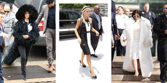 무대 의상으로도 손색없는 쿠튀르패션으로 시선을 끈 카디 비(왼쪽,오른쪽). 단정한 샤넬원피스로 평소와 다른 얌전한 스타일을 보여준 패리스 힐튼(가운데)