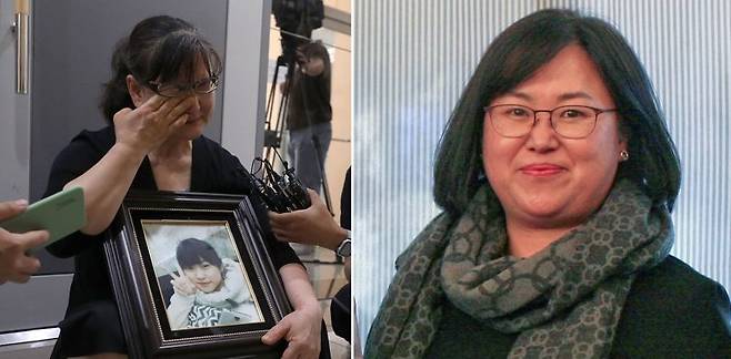 학폭피해자 고 박주원양의 어머니(왼쪽), 관련 사건을 맡았던 권경애변호사.   뉴시스, 연합뉴스