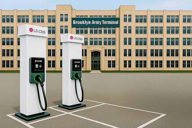 AI-generated image of  the electric vehicle charger (EVC) and control system at the Brooklyn Army Terminal. (LG CNS)