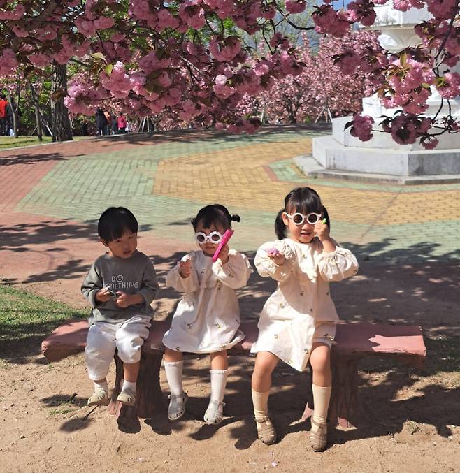 &nbsp;겹벚꽃이 만개한 불국사공원을&nbsp; 찾은 어린이 관광객이 카메라 앞에 포즈를 취하며 즐거워 하고 있다. ⓒ시사저널 이승표 기자