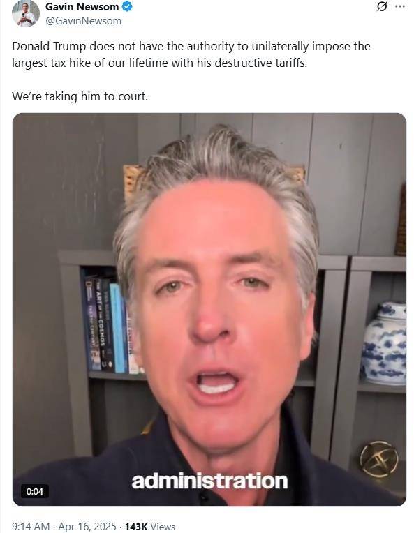 트럼프 관세에 소송 제기 방침 밝힌 개빈 뉴섬 캘리포니아 주지사 [X 게시물 캡처. 재판매 및 DB 금지]