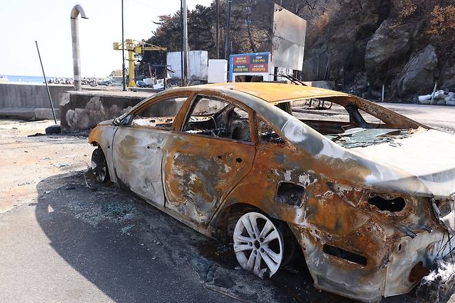 영덕군 영덕읍 노물리에서 산불에 탄 채 방치된 차 [촬영 손대성]