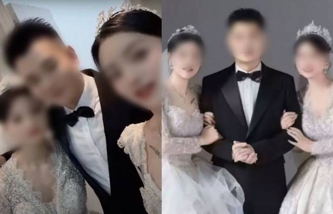 온라인에 유포된 세사람의 웨딩 촬영 당시 모습과 청첩장 이미지. 바이두
