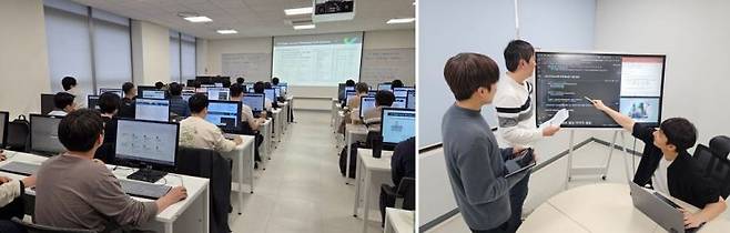 인공지능(AI) 교육 과정에 참여한 삼성전자 임직원들이 강의를 듣고 함께 과제를 진행하고 있는 모습. 삼성전자 제공