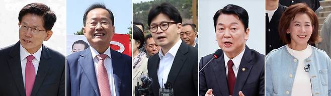 (왼쪽부터) 대선 출마 선언한 김문수 전 고용노동부장관 13일 서울 서초구 온누리교회 예배 참석, 대선 출마한 홍준표 대구장 11일 대구시청 산격청사에서 퇴임식, 한동훈 국힘 전 대표 12일 가덕신도시공항 부지 방문, 안철수 의원 13일 서울 국회에서 대선공약발표, 나경원 의원 12일 서울 중앙대학교 내 패스트푸드 음식점에서 청년 간담회  /사진=뉴스1, 연합뉴스