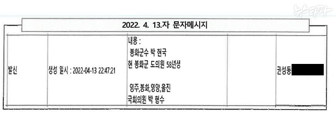 ▲건진법사 전성배 씨가 2022년 4월 13일에 권성동 원내대표에게 보낸 문자메시지 내용. 전 씨의 휴대전화를 디지털포렌식한 결과 발견됐다.&nbsp;